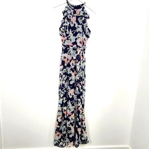 Leslie Fay Ruffle Halter Blue Floral Lined Chiffon Maxi Dress Size 6